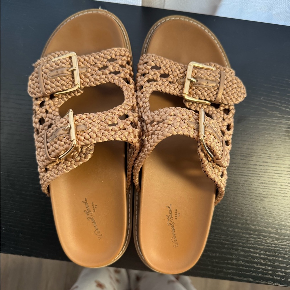 Woven Double-Buckle Slide Sandals in Tan